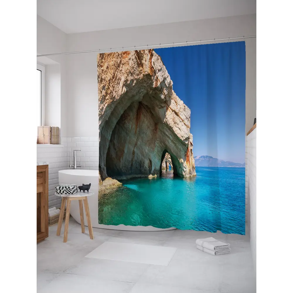 Фото Штора для ванной JoyArty Греческие гроты Закинф из ткани, 180x200 см с крючками Фото Штора для ванной JoyArty Греческие гроты Закинф из ткани, 180x200 см с крючками