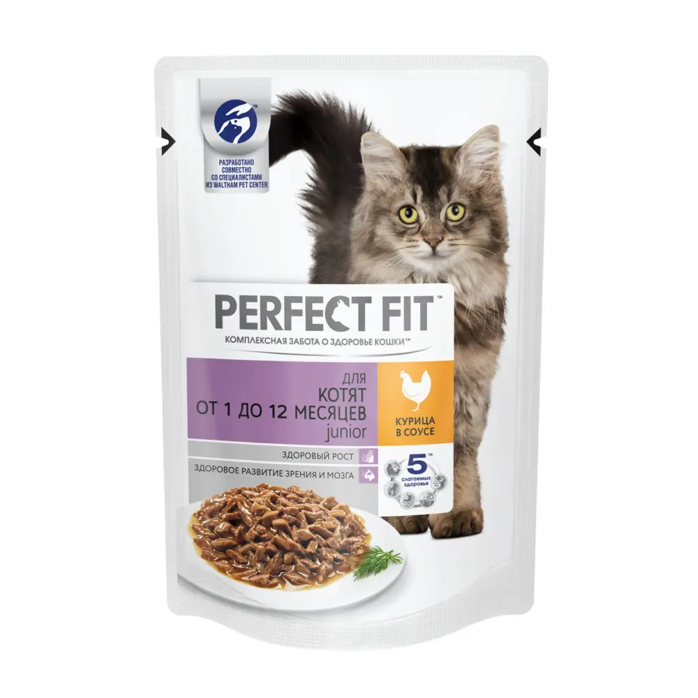 Фото 2 Влажный полнорационный корм Perfect FIT курица в соусе для котят от 1 до 12 месяцев с курицей в соусе, 24 шт по 85г Фото 2 Влажный полнорационный корм Perfect FIT курица в соусе для котят от 1 до 12 месяцев с курицей в соусе, 24 шт по 85г