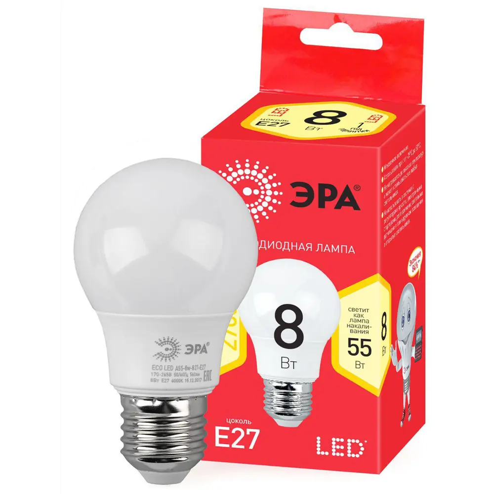 Фото Лампа Эра RED LINE ECO LED A55-8W-827-E27 E27 220 В 8 Вт груша матовая 640 Лм теплый белый свет Фото Лампа Эра RED LINE ECO LED A55-8W-827-E27 E27 220 В 8 Вт груша матовая 640 Лм теплый белый свет