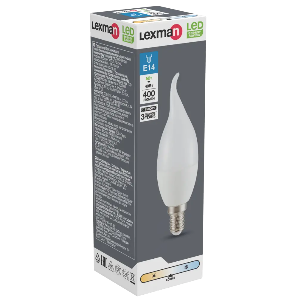 Фото 3 Лампа светодиодная Lexman Candle CF35 E14 175-250 В 5 Вт белая 400 лм нейтральный белый свет Фото 3 Лампа светодиодная Lexman Candle CF35 E14 175-250 В 5 Вт белая 400 лм нейтральный белый свет