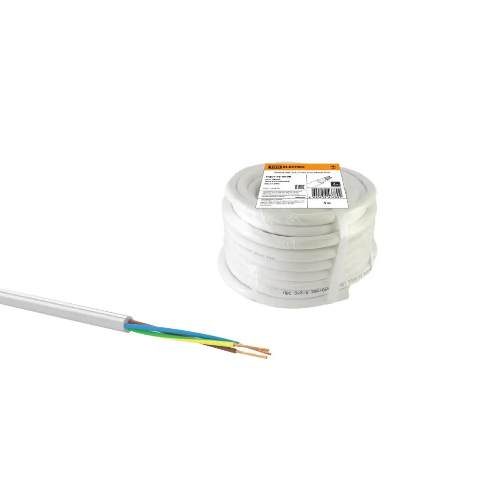 Фото Провод ПВС 3x2.5 ГОСТ TDM Electric 5 м, белый Фото Провод ПВС 3x2.5 ГОСТ TDM Electric 5 м, белый