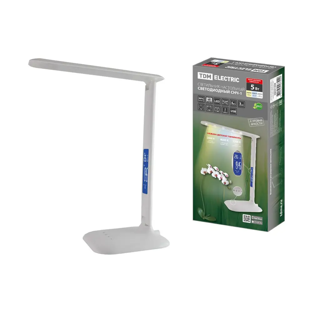 Фото Светильник TDM Electric светодиодный-часы СНЧ-1 5 Вт календ терм-р 2800-5500 К сенсор-димм USB белый, Фото Светильник TDM Electric светодиодный-часы СНЧ-1 5 Вт календ терм-р 2800-5500 К сенсор-димм USB белый,