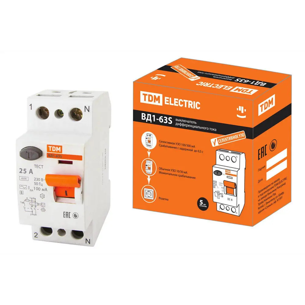 Фото УЗО TDM Electric ВД1-63S 2P 25 А 100 мА 6 кА A SQ0203-0052 Фото УЗО TDM Electric ВД1-63S 2P 25 А 100 мА 6 кА A SQ0203-0052