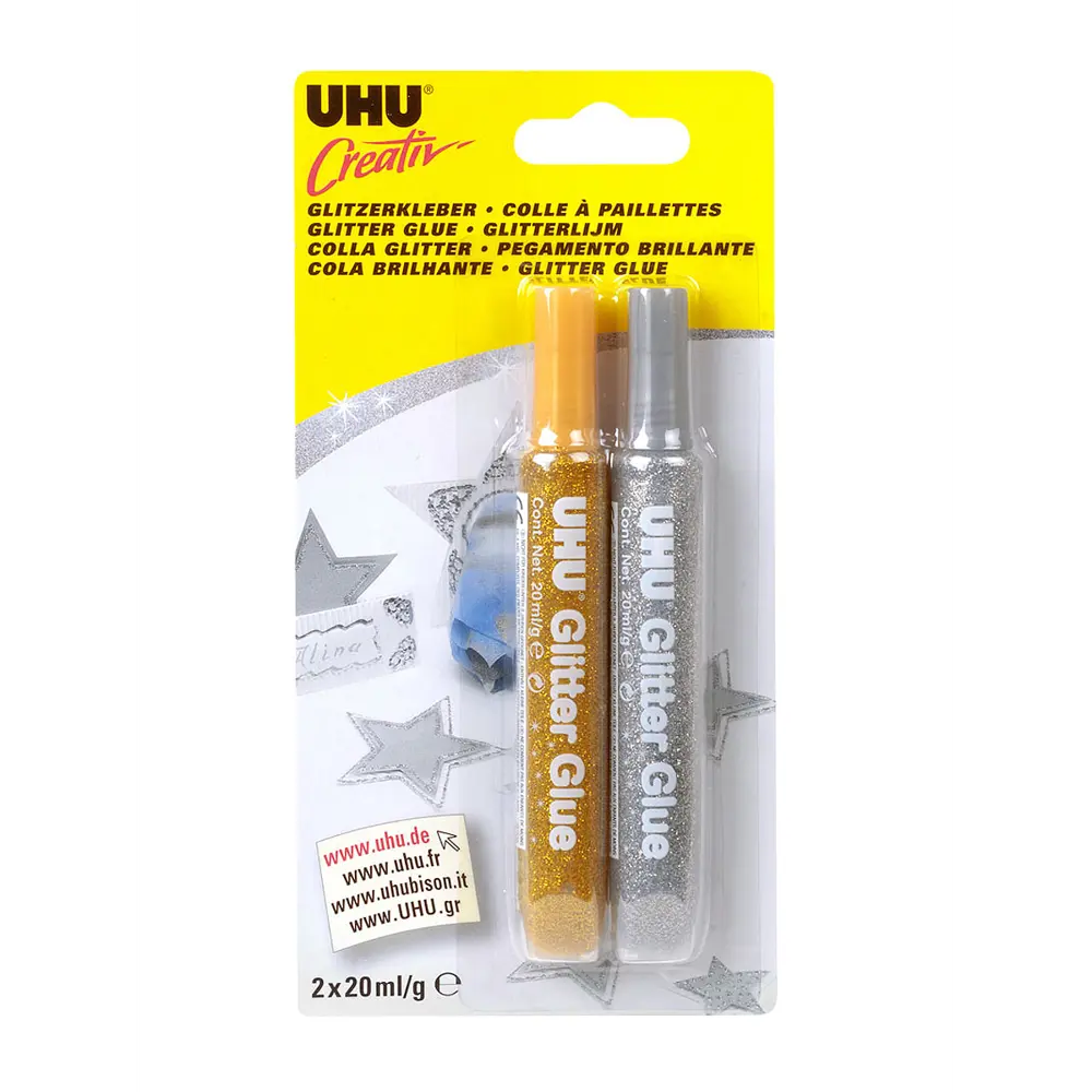 Фото Клеящие блестки UHU Creativ Glitter Glue для декора цв. золото/серебро 2 х 20 мл Фото Клеящие блестки UHU Creativ Glitter Glue для декора цв. золото/серебро 2 х 20 мл