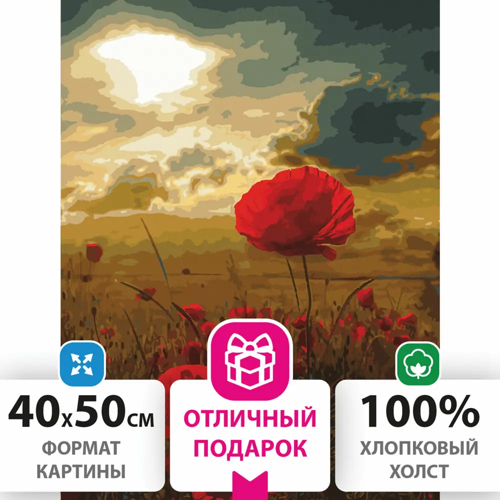 Фото Картина по номерам 40x50 см Остров сокровищ "Маковое поле", на подрамнике, акрил, кисти, 662493 Фото Картина по номерам 40x50 см Остров сокровищ "Маковое поле", на подрамнике, акрил, кисти, 662493