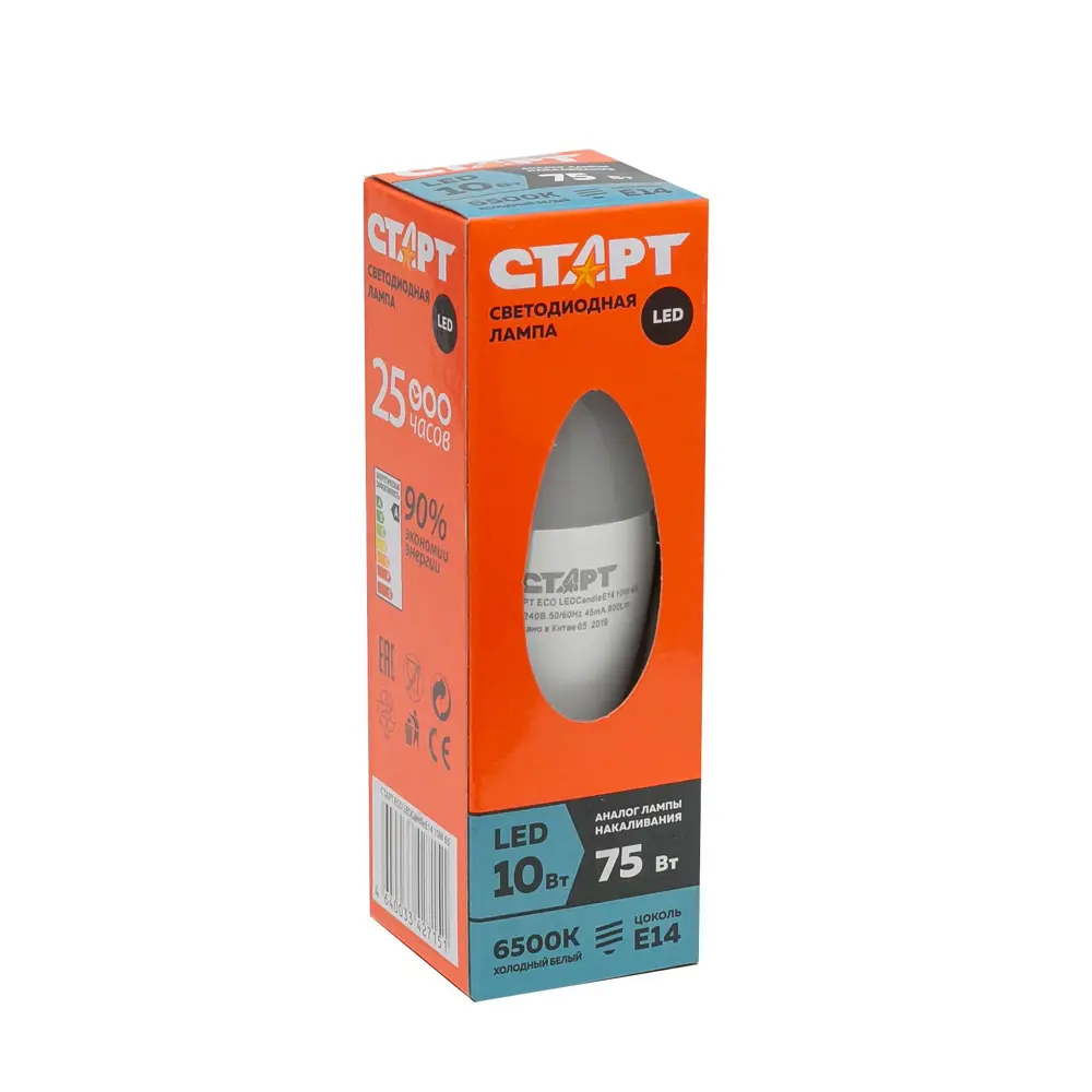 Фото 4 Лампа светодиодная СТАРТ ECO LEDCandleE14 10W 65 10/100 E14 220-240 Вт 10 Вт свеча матовая холодный белый свет