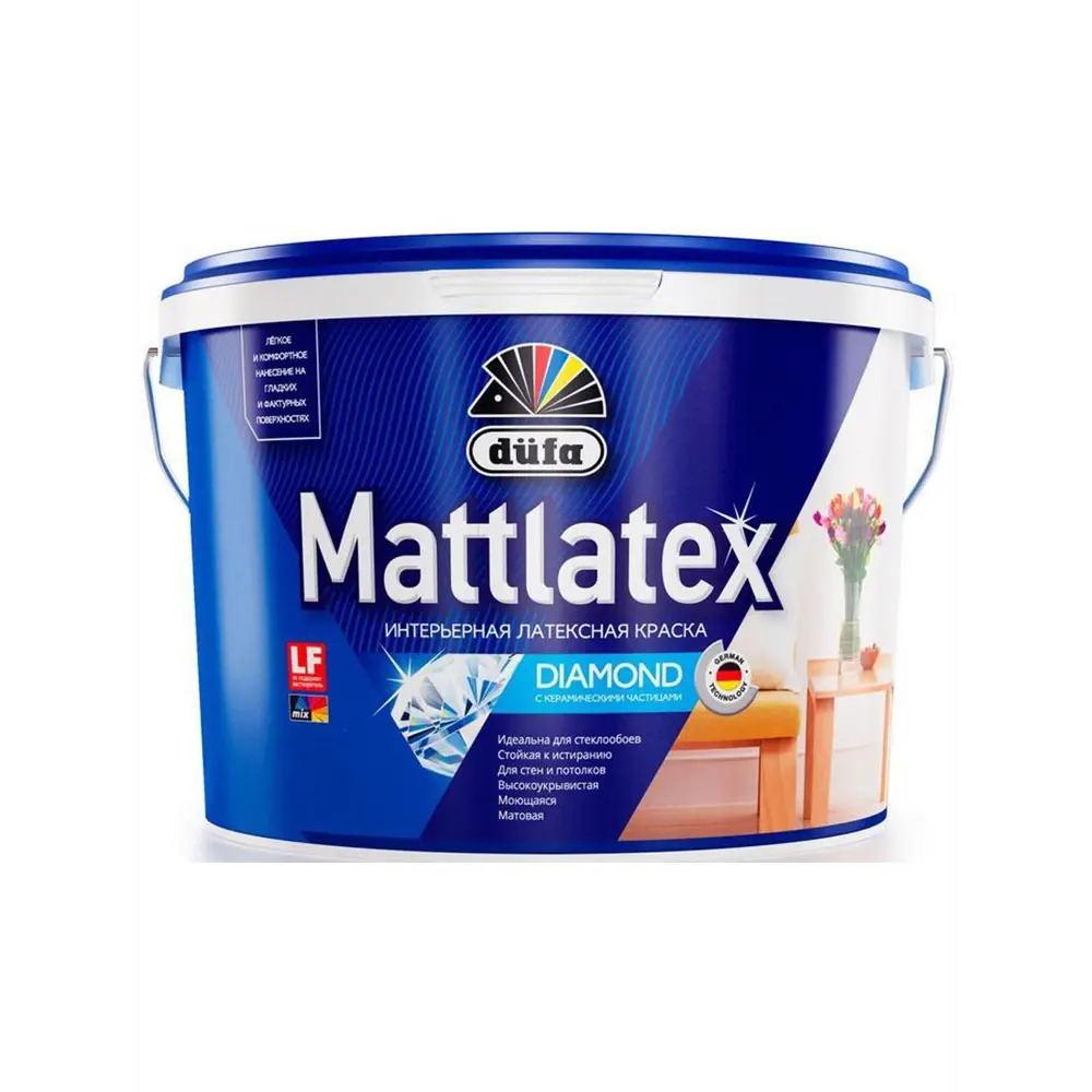 Фото Краска для стен и потолков для влажных помещений латексная Dufa Mattlatex D100 матовая белая 2.5 л Фото Краска для стен и потолков для влажных помещений латексная Dufa Mattlatex D100 матовая белая 2.5 л
