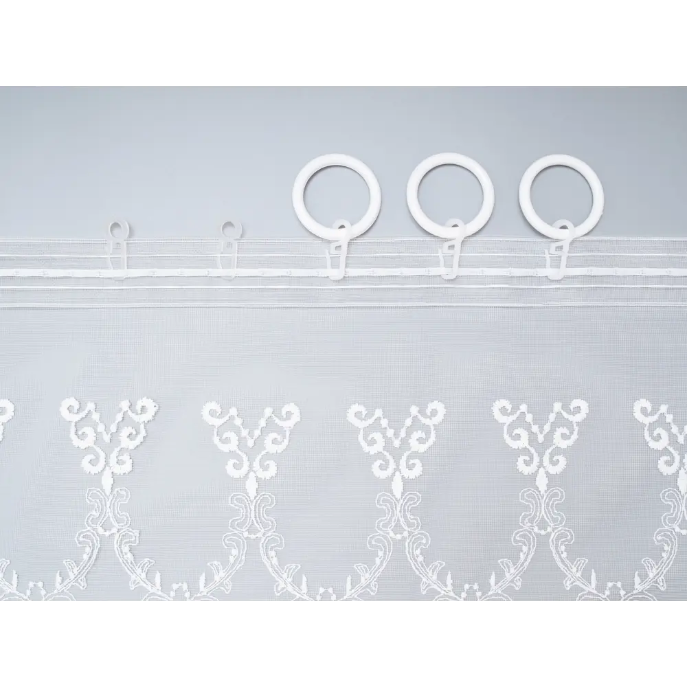 Фото 5 Тюль "Бруно" вышивка на сетке 300x250 цвет белый, на шторной ленте
