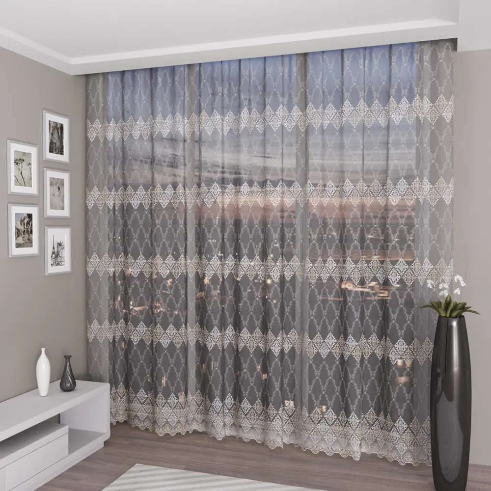 Фото Тюль "Мира" вышивка на сетке 300х250 цвет бело-золотой, на шторной ленте Фото Тюль "Мира" вышивка на сетке 300х250 цвет бело-золотой, на шторной ленте