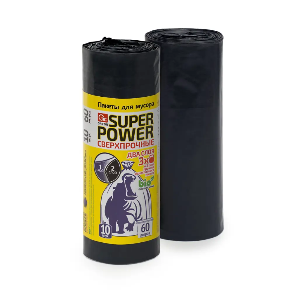 Фото 2 Пакеты для мусора Grifon Super Power двуслойные особо прочные 60 л 60x70 см 10 шт. в рулоне Фото 2 Пакеты для мусора Grifon Super Power двуслойные особо прочные 60 л 60x70 см 10 шт. в рулоне
