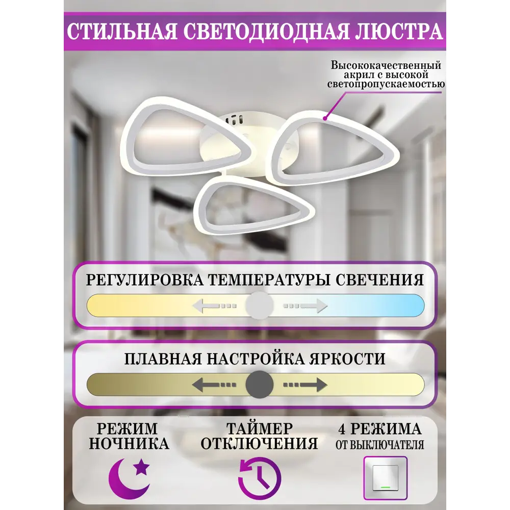 Фото 4 Люстра потолочная светодиодная Natali Kovaltseva с пультом управления 14 м² изменение оттенков белого цвет белый Фото 4 Люстра потолочная светодиодная Natali Kovaltseva с пультом управления 14 м² изменение оттенков белого цвет белый