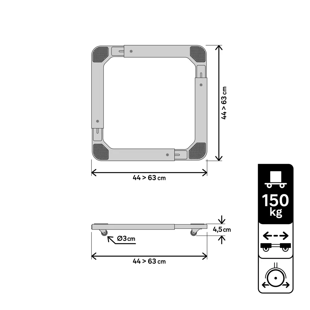 Фото 8 Тележка-опора регулируемая сталь  Graphic, цвет черный, до 150 кг, 63x63 см STANDERS
