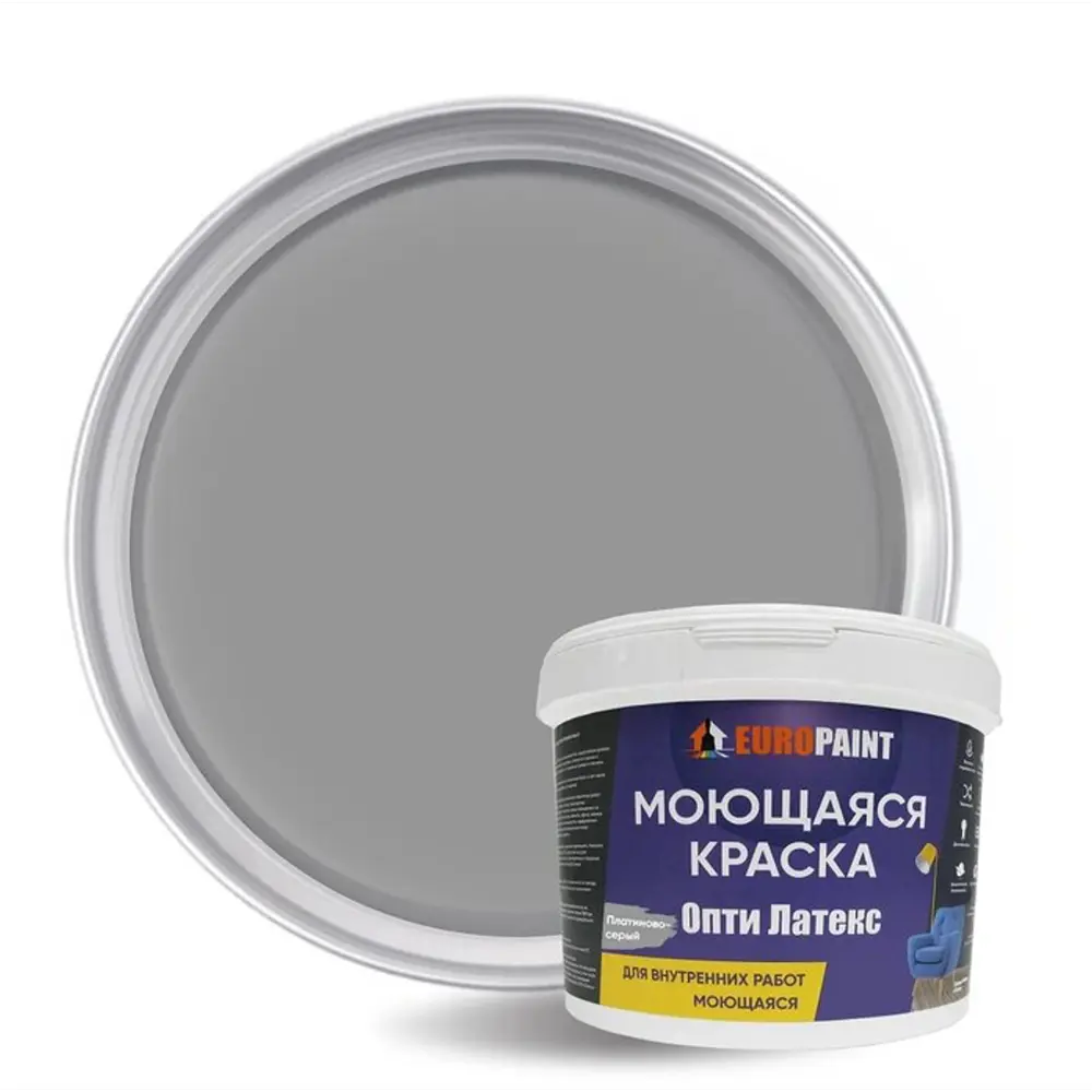 Фото Краска EUROPAINT Опти Латекс цвет платиново-серый 1 л Фото Краска EUROPAINT Опти Латекс цвет платиново-серый 1 л
