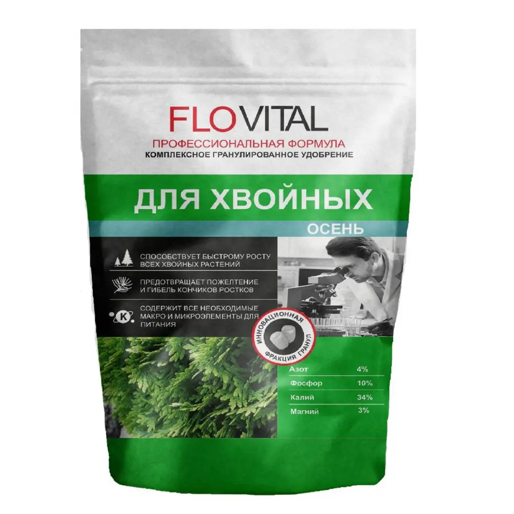 Фото Комплексное удобрение Flovital для хвойных 4-10-34 1кг Фото Комплексное удобрение Flovital для хвойных 4-10-34 1кг
