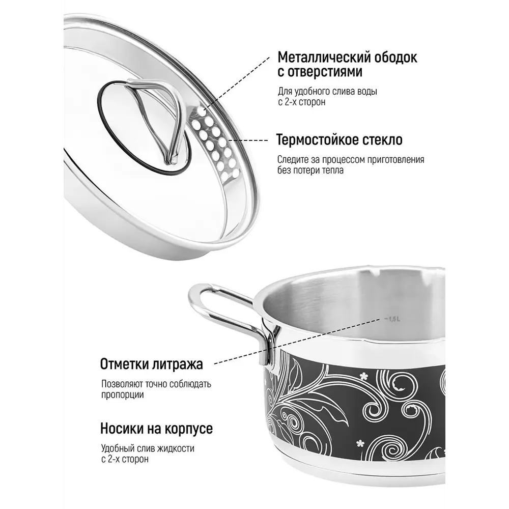 Фото 6 Кастрюля Elan gallery 120488 2.5 л цвет черный, серебристый, прозрачный Фото 6 Кастрюля Elan gallery 120488 2.5 л цвет черный, серебристый, прозрачный