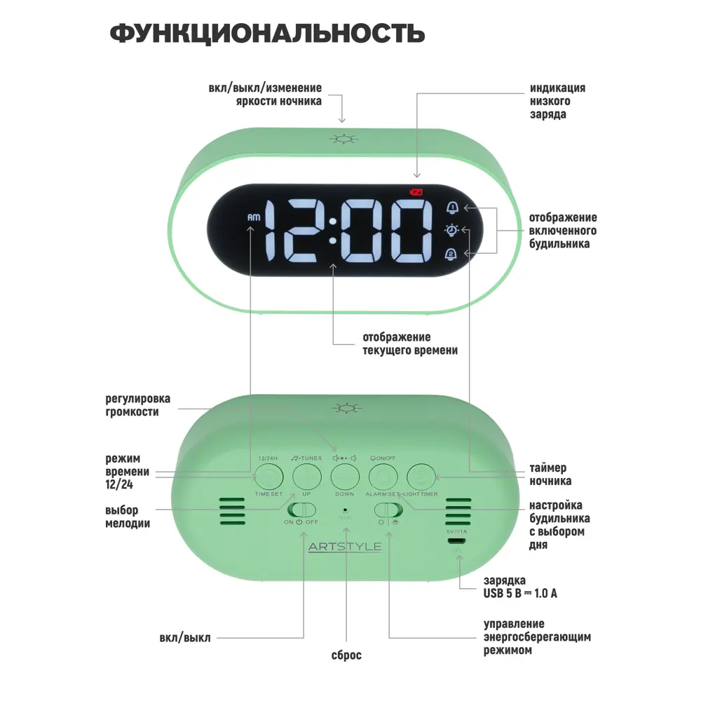 Фото 4 Часы электронные CL-88GRW Artstyle зеленые со встроенным аккумулятором ночником и будильником Фото 4 Часы электронные CL-88GRW Artstyle зеленые со встроенным аккумулятором ночником и будильником