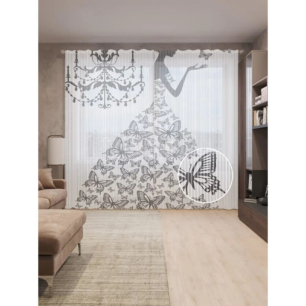 Фото Тюль на шторной ленте для кухни Платье Из Бабочек 155х265 см цвет черный