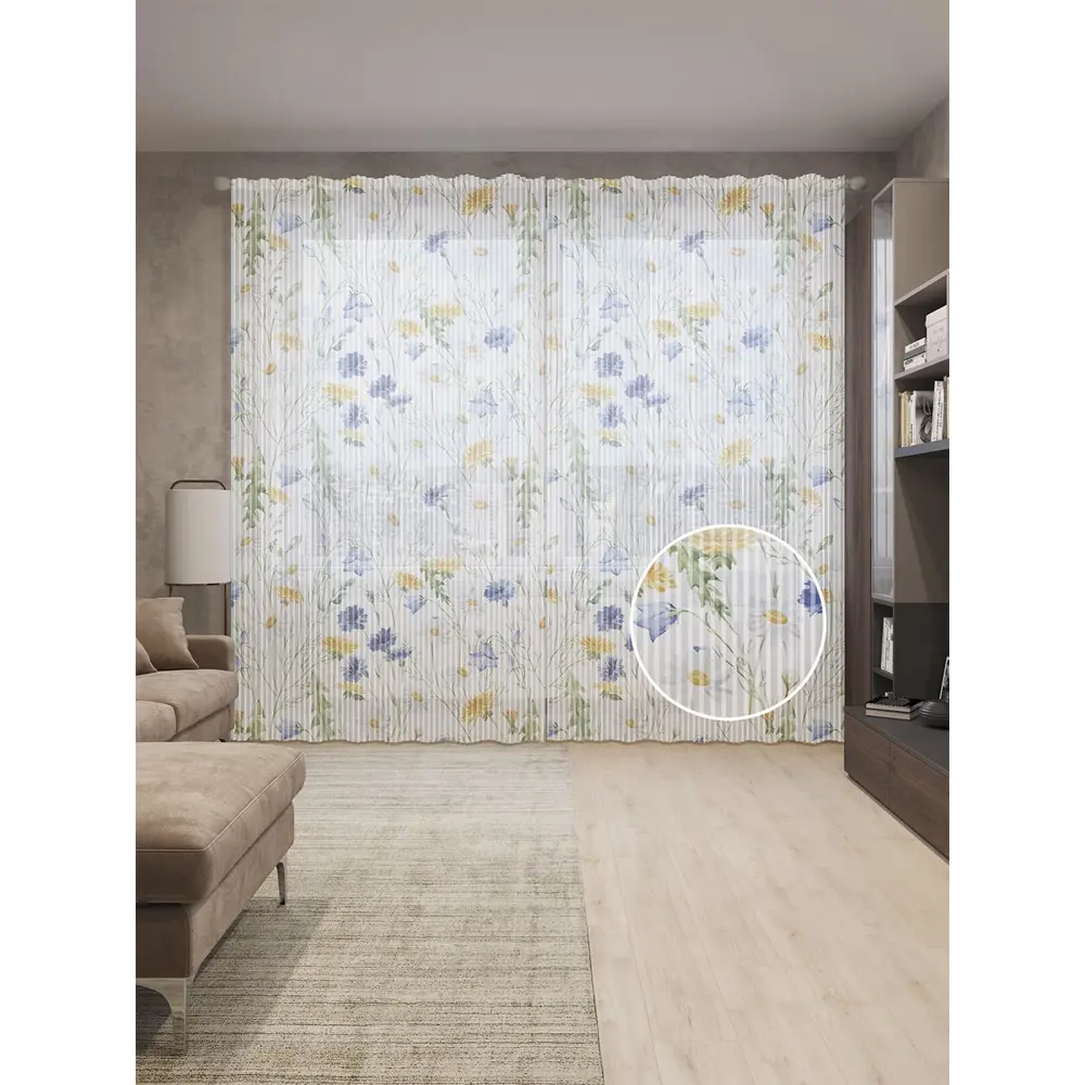 Фото Тюль на шторной ленте для кухни Мечтательная Весна 155х265 см цвет синий