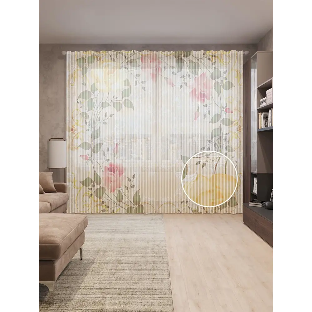 Фото Тюль на шторной ленте для кухни Цветочные Узоры-1 155х265 см цвет светло-бежевый