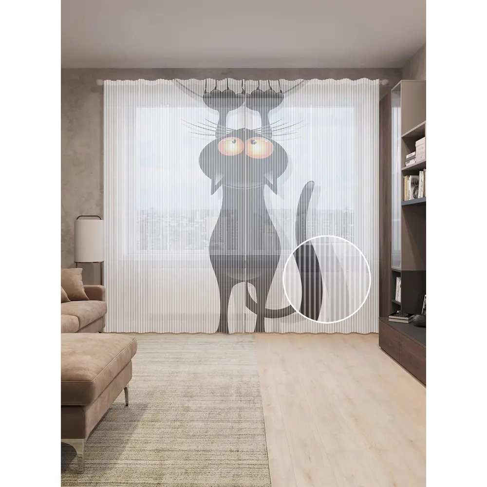 Фото Тюль на шторной ленте для кухни Кот-Шкодник 155х265 см цвет черный