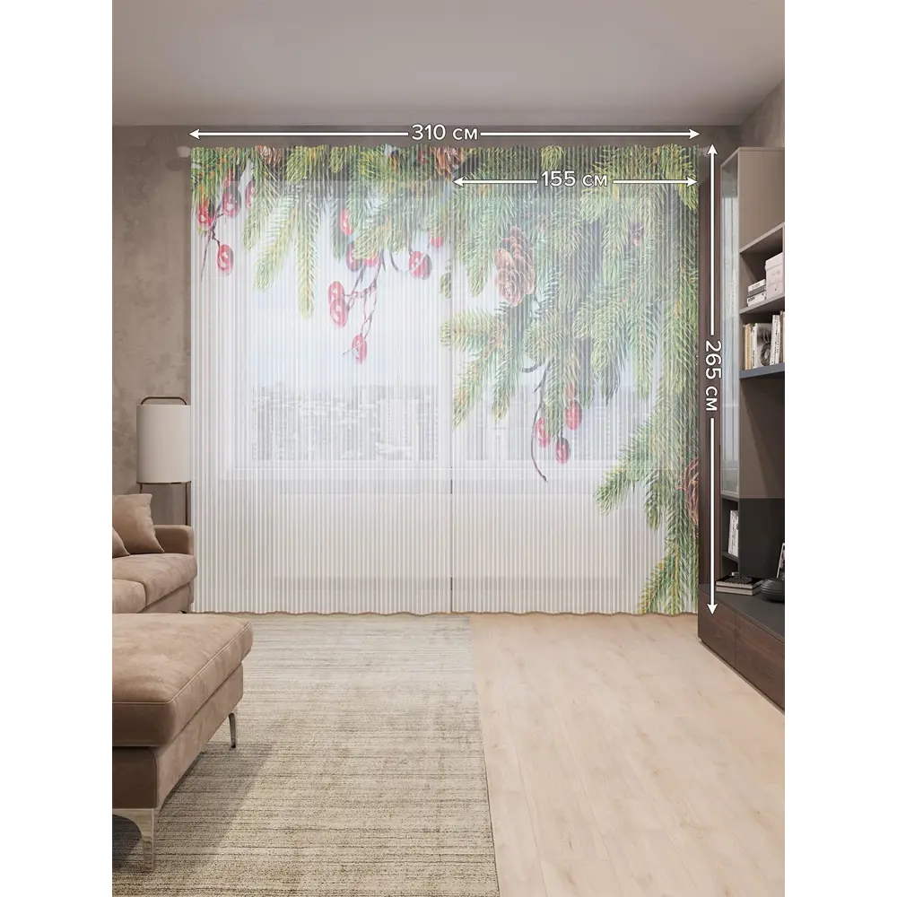 Фото 3 Тюль на шторной ленте для кухни Елочные Игрушки 155х265 см цвет зеленый Фото 3 Тюль на шторной ленте для кухни Елочные Игрушки 155х265 см цвет зеленый