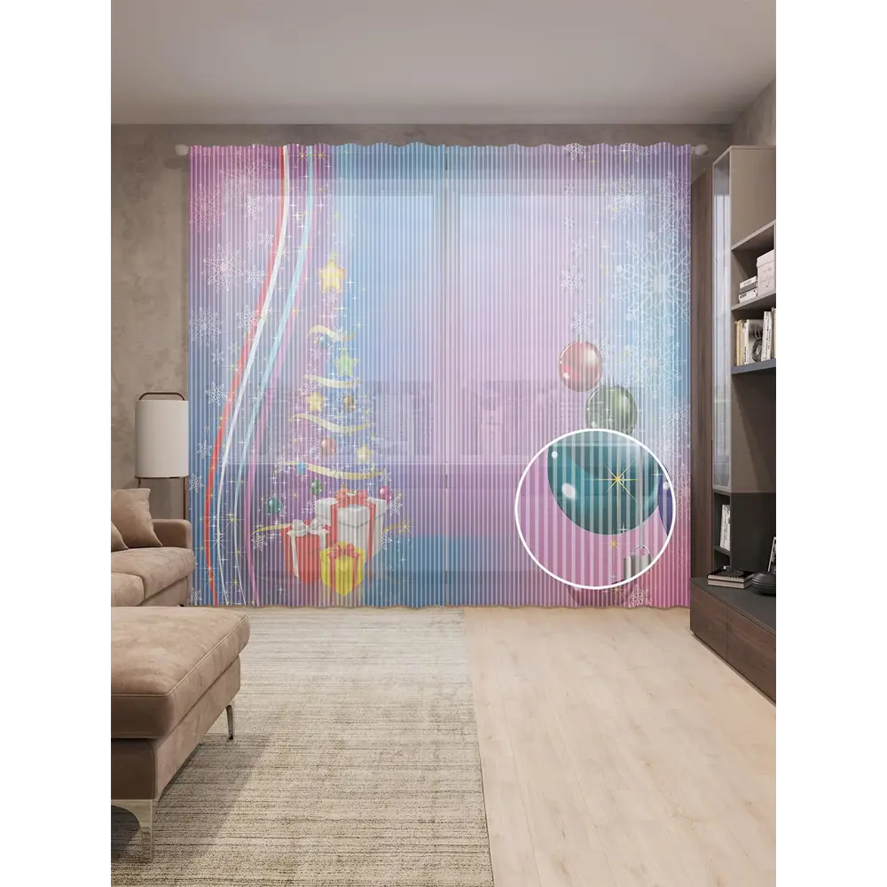 Фото Тюль на шторной ленте для кухни Сказочное Рождество 155х265 см цвет синий Фото Тюль на шторной ленте для кухни Сказочное Рождество 155х265 см цвет синий