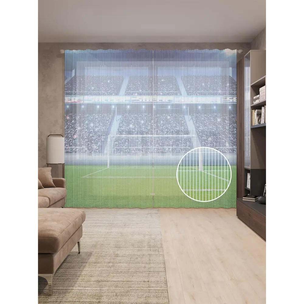 Фото Тюль на шторной ленте для кухни Полные Трибуны 155х265 см цвет голубой