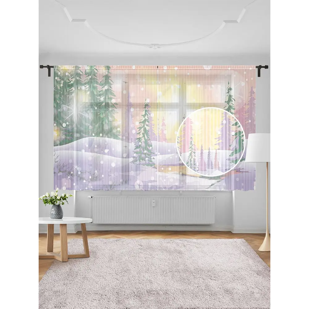 Фото Тюль на шторной ленте для кухни Зимние Сказки 155х180 см цвет синий Фото Тюль на шторной ленте для кухни Зимние Сказки 155х180 см цвет синий