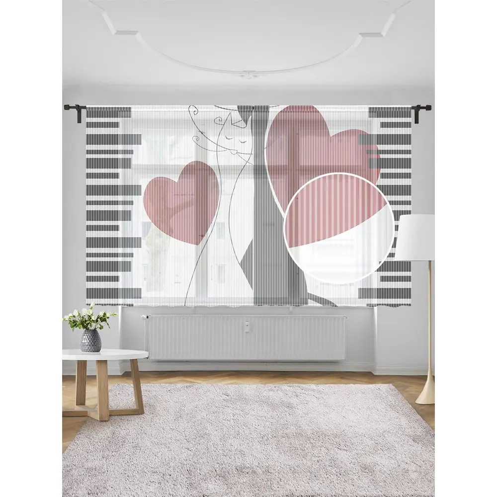 Фото Тюль на шторной ленте для кухни Коты И Любовь 155х180 см цвет черный Фото Тюль на шторной ленте для кухни Коты И Любовь 155х180 см цвет черный