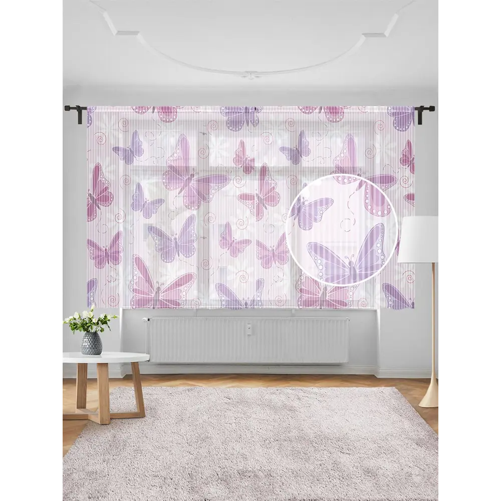 Фото Тюль на шторной ленте Узор С Бабочками 155х180 см цвет розовый Фото Тюль на шторной ленте Узор С Бабочками 155х180 см цвет розовый