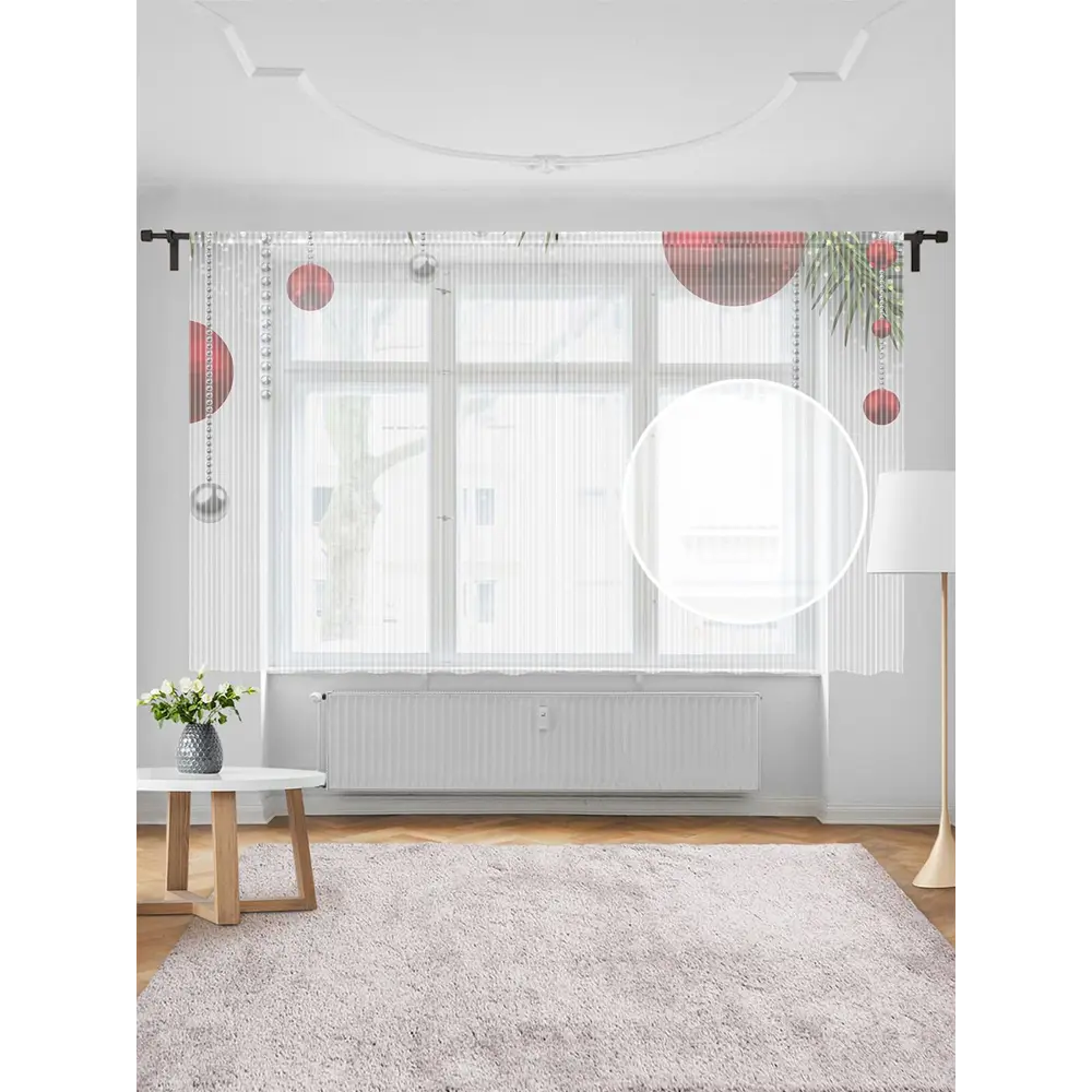 Фото Тюль на шторной ленте для кухни Нарядные Еловые Лапы 155х180 см цвет красный