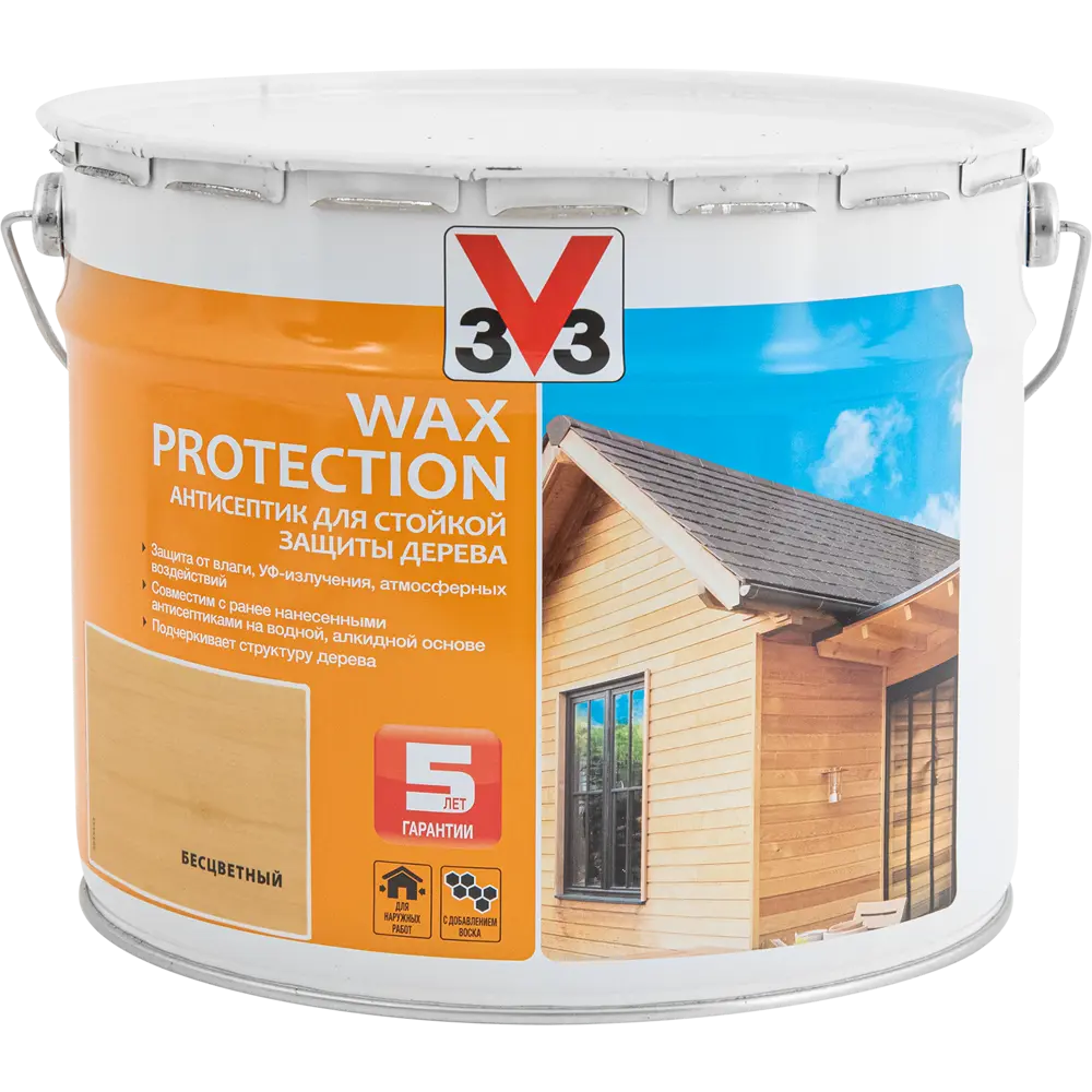 Фото Антисептик для дерева V33 Wax Protection полуглянцевый бесцветный 9 л Фото Антисептик для дерева V33 Wax Protection полуглянцевый бесцветный 9 л