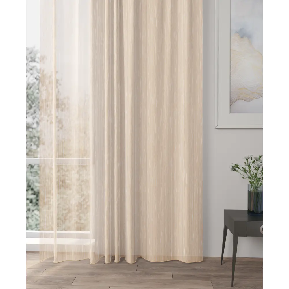 Фото Тюль на шторной ленте Дождик YML2244 300x250 см полоски цвет бежевый
