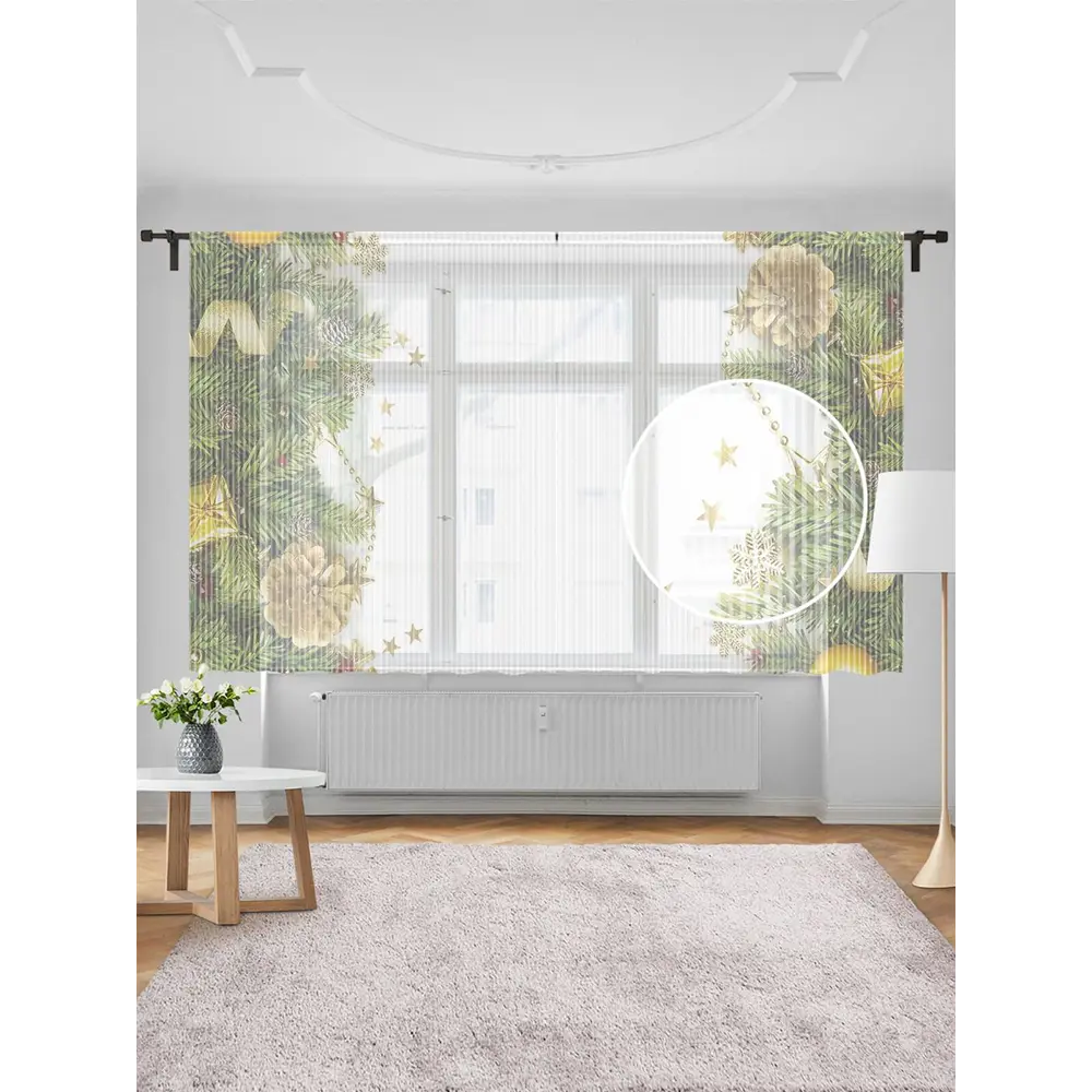 Фото Тюль на шторной ленте для кухни Украшенная Елка 155х180 см цвет зеленый