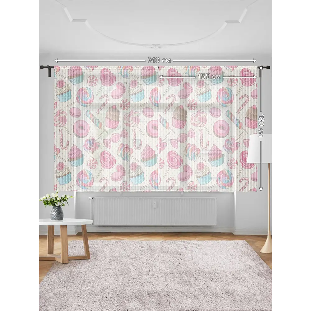 Фото 3 Тюль на шторной ленте для кухни Детские Сладости 155х180 см цвет розовый