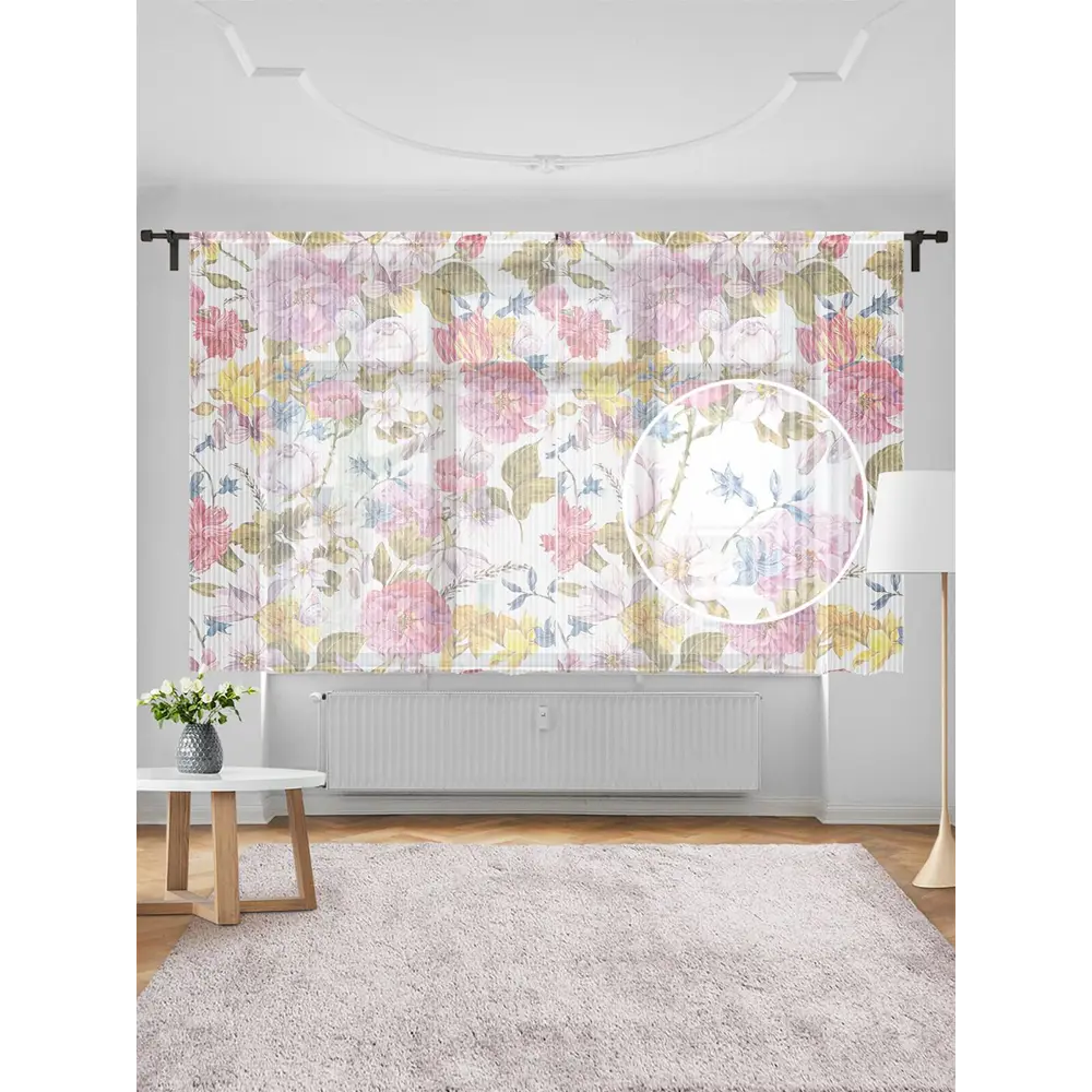 Фото Тюль на шторной ленте для кухни Цветастые Переплетения 155х180 см цвет розовый