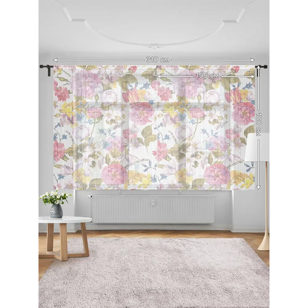 Фото 3 Тюль на шторной ленте для кухни Цветастые Переплетения 155х180 см цвет розовый