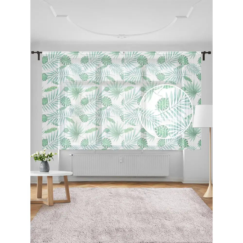 Фото Тюль на шторной ленте для кухни Тропические Листья-1 155х180 см цвет зеленый Фото Тюль на шторной ленте для кухни Тропические Листья-1 155х180 см цвет зеленый
