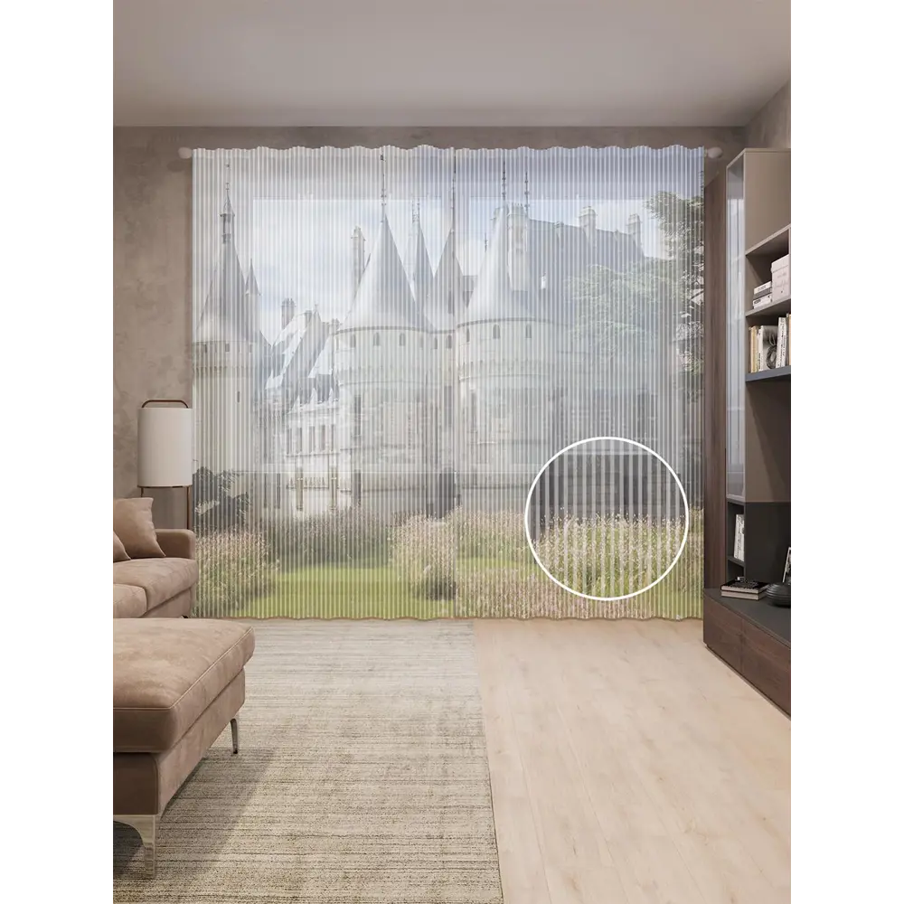 Фото Тюль на шторной ленте Подход к замку 310х265 см рисунок природный цвет зеленый Фото Тюль на шторной ленте Подход к замку 310х265 см рисунок природный цвет зеленый