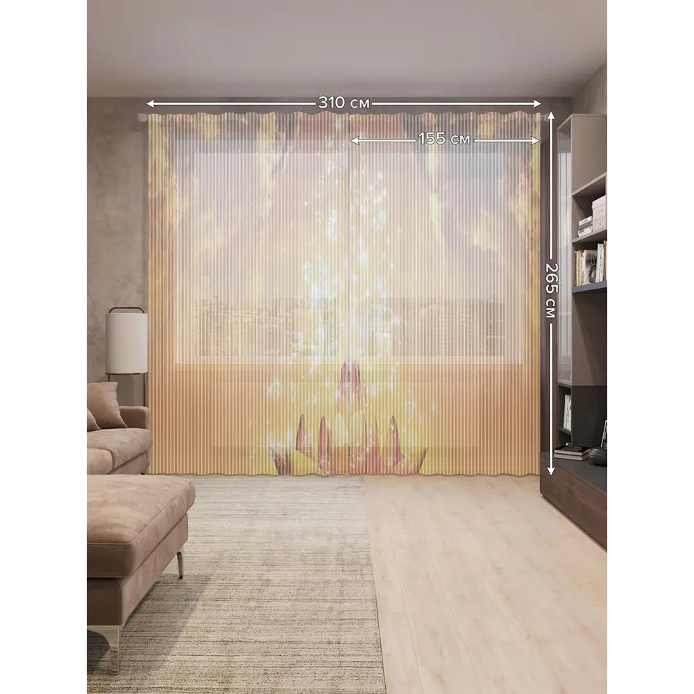 Фото 2 Тюль на шторной ленте Искрящийся цветок 310х265 см рисунок растительный цвет оранжевый