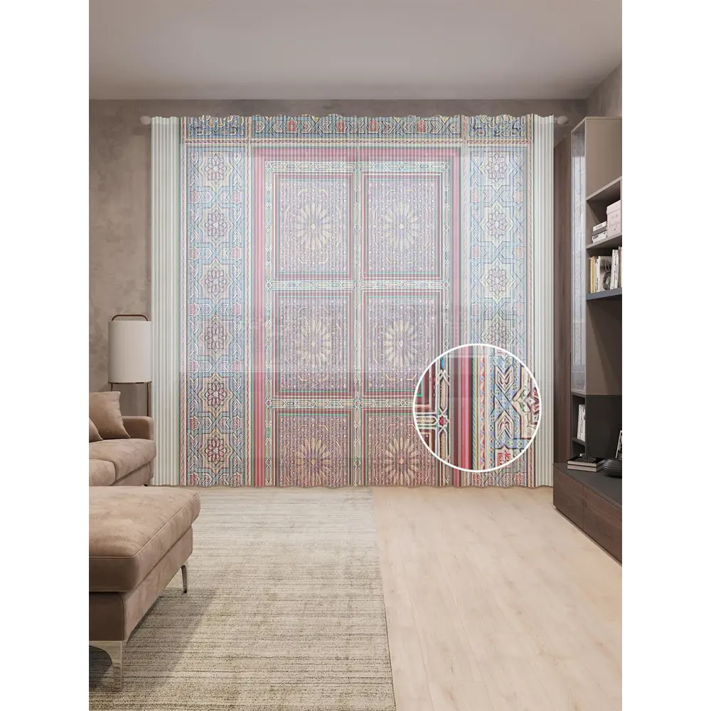 Фото Тюль на шторной ленте Цветочные прятки 310х265 см рисунок растительный цвет фиолетовый