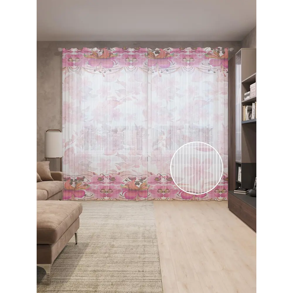 Фото Тюль на шторной ленте Орхидеи с узорами 310х265 см рисунок растительный цвет розовый Фото Тюль на шторной ленте Орхидеи с узорами 310х265 см рисунок растительный цвет розовый