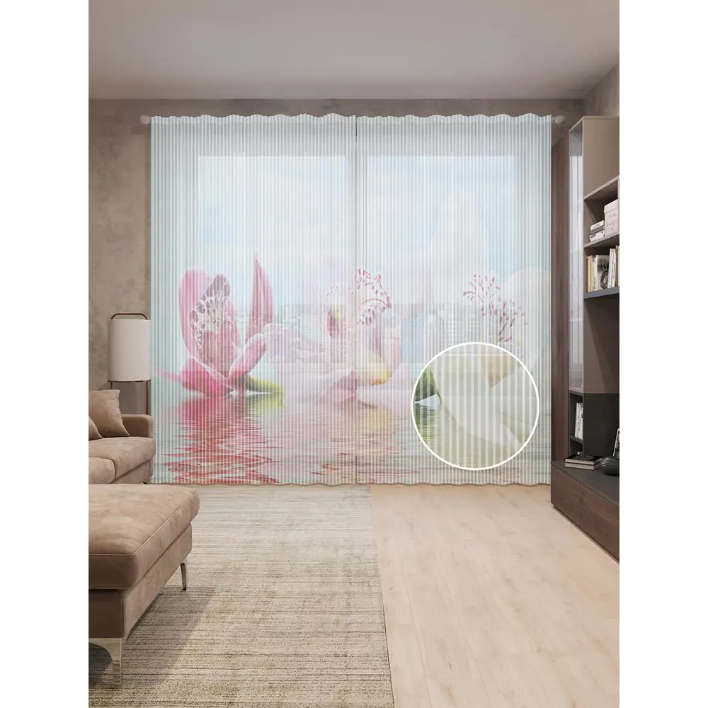 Фото Тюль на шторной ленте Плавающие цветы 310х265 см рисунок растительный цвет красный