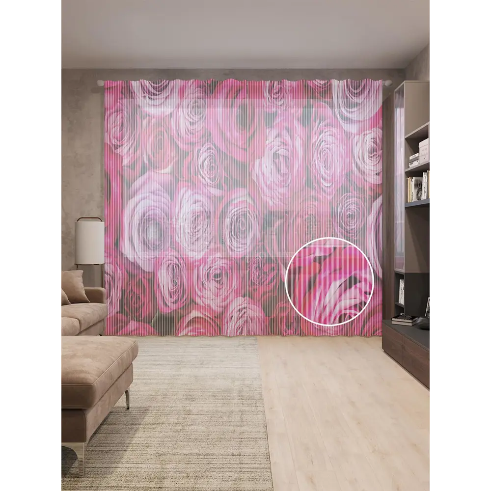 Фото Тюль на шторной ленте Фуксиевые розы 310х265 см рисунок растительный цвет розовый