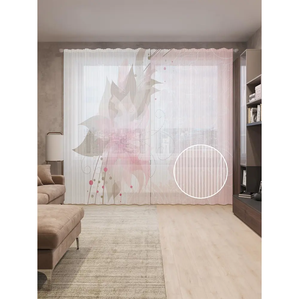 Фото Тюль на шторной ленте Цветок на склоне 310х265 см рисунок растительный цвет розовый Фото Тюль на шторной ленте Цветок на склоне 310х265 см рисунок растительный цвет розовый