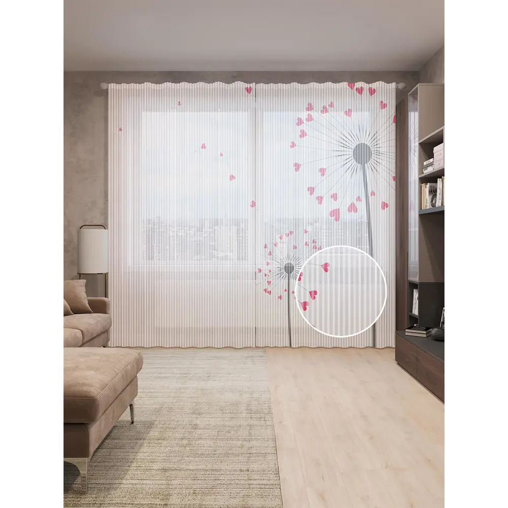 Фото Тюль на шторной ленте Одуванчики любви 310х265 см рисунок растительный цвет красный Фото Тюль на шторной ленте Одуванчики любви 310х265 см рисунок растительный цвет красный