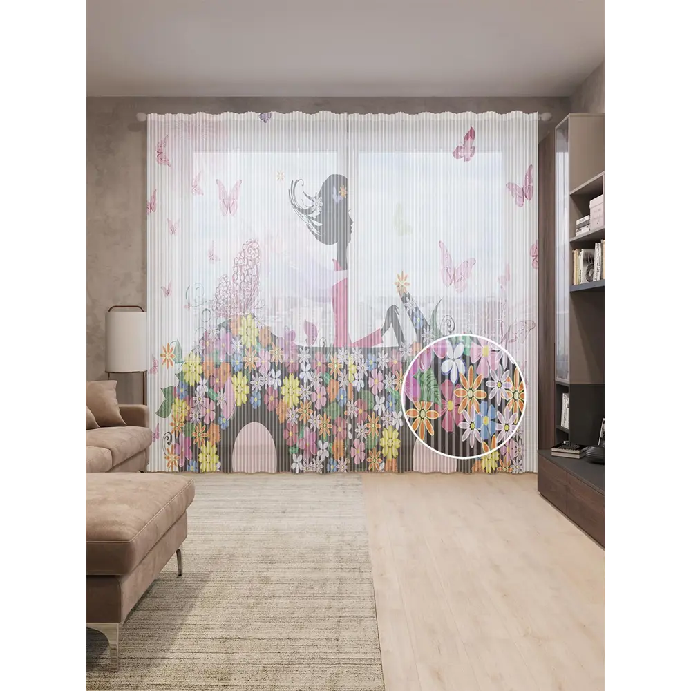 Фото Тюль на шторной ленте Цветочный транспорт 310х265 см рисунок природный цвет розовый