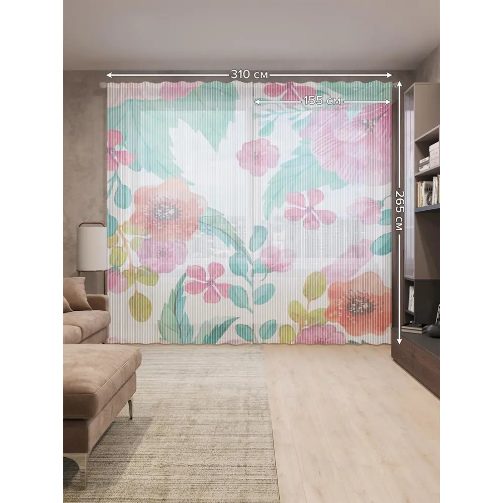 Фото 2 Тюль на шторной ленте Воображаемый рай 310х265 см рисунок растительный цвет розовый