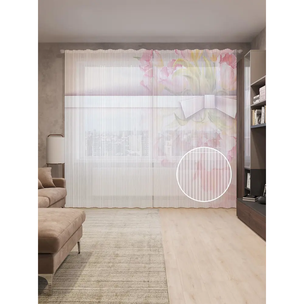 Фото Тюль на шторной ленте Цветочное приветствие 310х265 см рисунок растительный цвет розовый