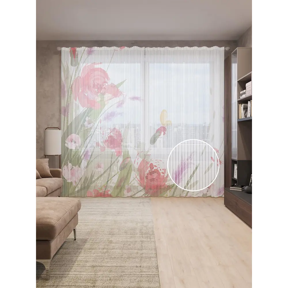 Фото Тюль на шторной ленте Краски цветов 310х265 см рисунок растительный цвет красный Фото Тюль на шторной ленте Краски цветов 310х265 см рисунок растительный цвет красный